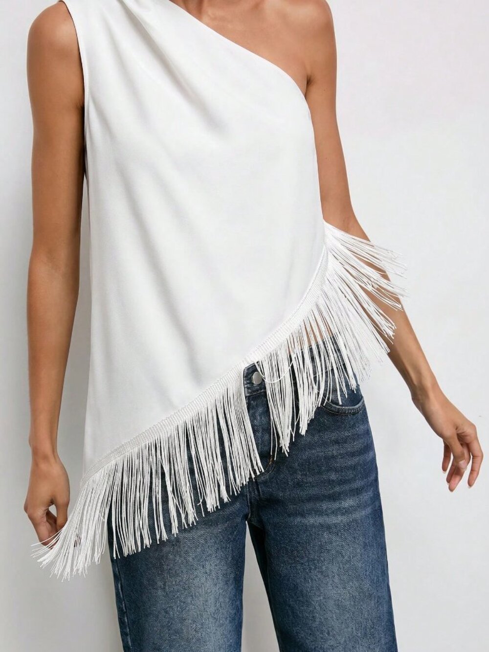 White Casual Women's One Shoulder Top With Tassel Hem Loose Elegant Party Night - Picture 4 of 6
